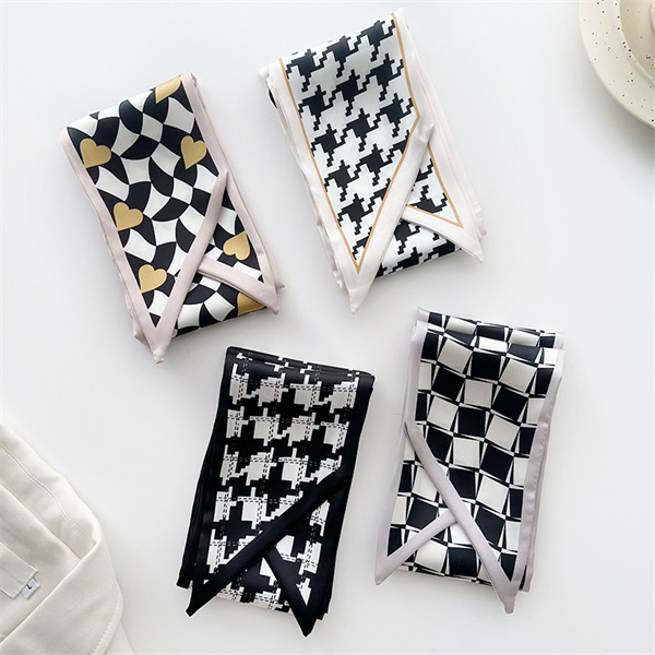 Small fragrant black and white silk scarf womens long strip imitation silk ribbon binding bag versatile scarf