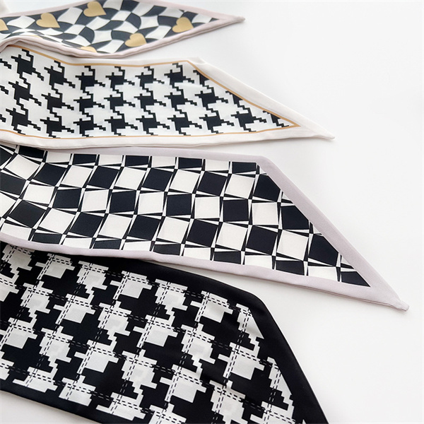 Small fragrant black and white silk scarf womens long strip imitation silk ribbon binding bag versatile scarf