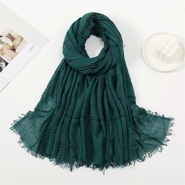 Hot sale solid color light breathable cotton scarf pleated silver filigree inlaid plaid raw edge bandana