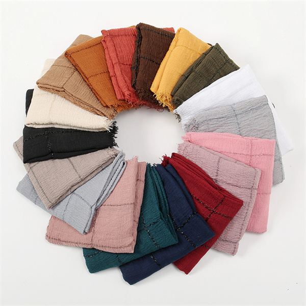 Hot sale solid color light breathable cotton scarf pleated silver filigree inlaid plaid raw edge bandana