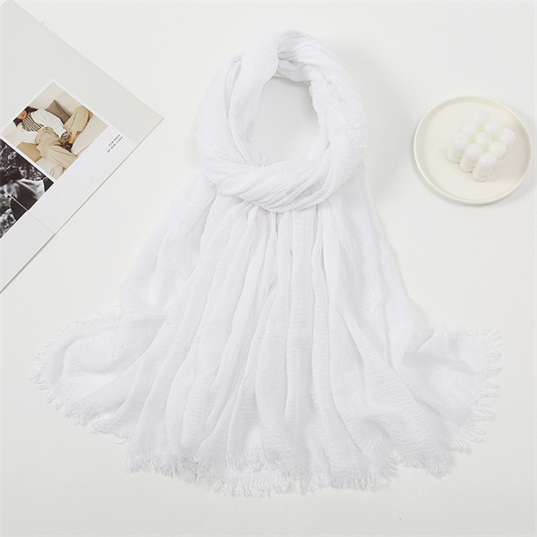 Hot sale solid color light breathable cotton scarf pleated silver filigree inlaid plaid raw edge bandana