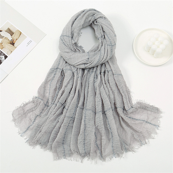 Hot sale solid color light breathable cotton scarf pleated silver filigree inlaid plaid raw edge bandana