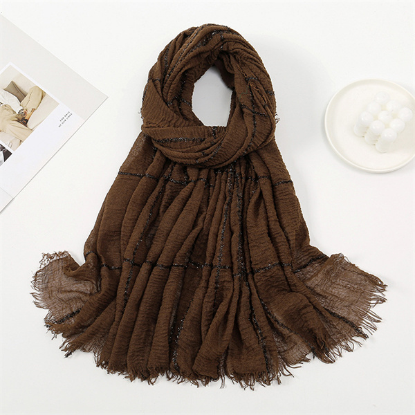 Hot sale solid color light breathable cotton scarf pleated silver filigree inlaid plaid raw edge bandana