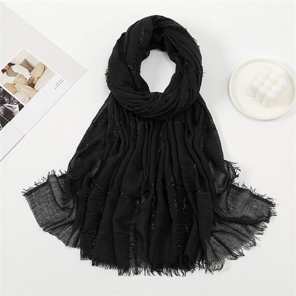 Hot sale solid color light breathable cotton scarf pleated silver filigree inlaid plaid raw edge bandana