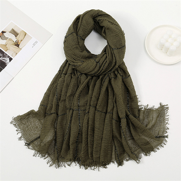 Hot sale solid color light breathable cotton scarf pleated silver filigree inlaid plaid raw edge bandana