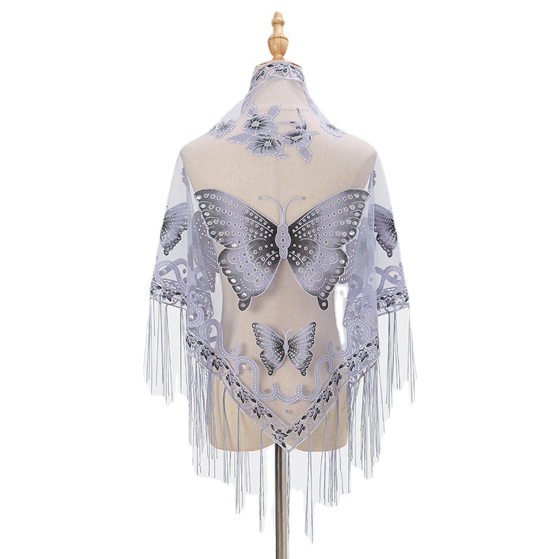 2023 new tassel triangle scarf solid color openwork lace butterfly embroidered triangle shawl scarf