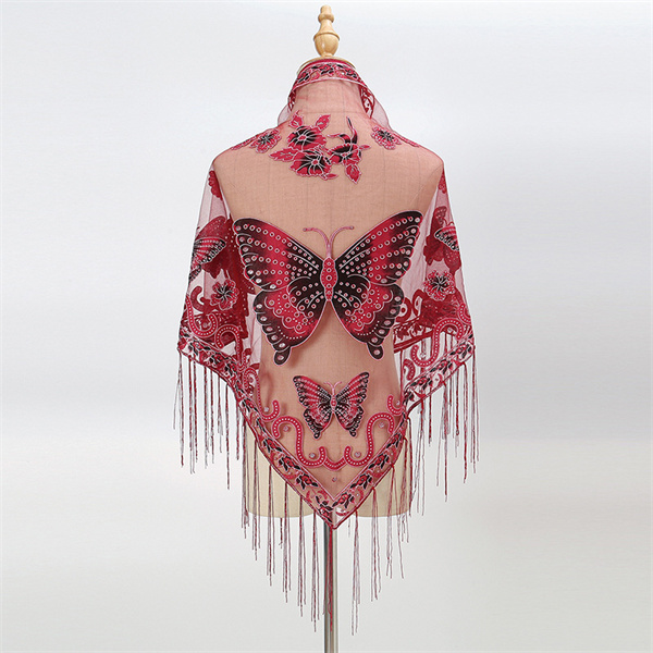 2023 new tassel triangle scarf solid color openwork lace butterfly embroidered triangle shawl scarf