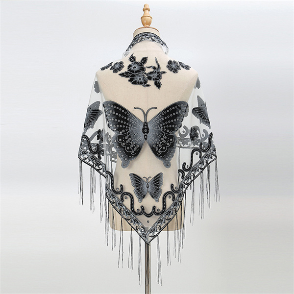 2023 new tassel triangle scarf solid color openwork lace butterfly embroidered triangle shawl scarf