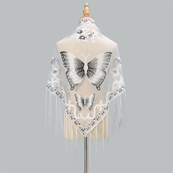 2023 new tassel triangle scarf solid color openwork lace butterfly embroidered triangle shawl scarf