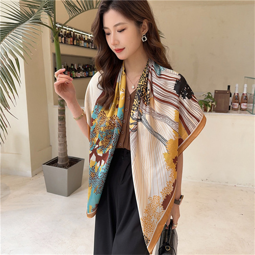 Forest silk scarf large size women large square scarf 110cm khaki shawl headscarf