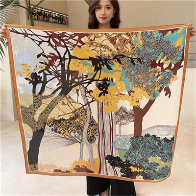 Forest silk scarf large size women large square scarf 110cm khaki shawl headscarf