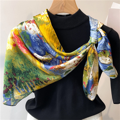 Oil painting flower print scarf women artificial silk square scarf 90cm scarf headscarf