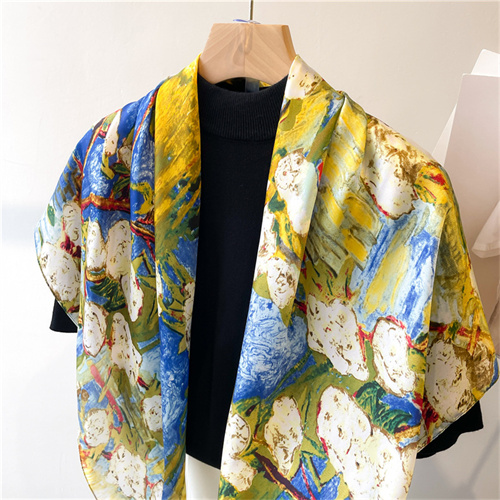 Oil painting flower print scarf women artificial silk square scarf 90cm scarf headscarf