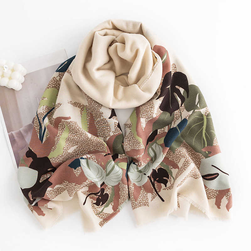 Flower printed imitation cashmere scarf  warmth versatile neck protection cold protection scarf