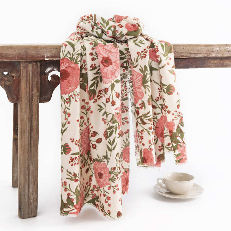 Printed long imitation cashmere scarf  women warm floral shawl cold resistant neck protection scarf