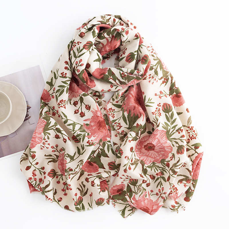 Printed long imitation cashmere scarf  women warm floral shawl cold resistant neck protection scarf