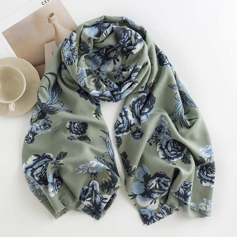 Scarf Autumn Winter Rose Print Imitation Cashmere Tassel Shawl Warm Neck