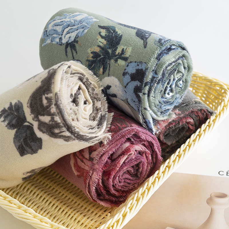 Scarf Autumn Winter Rose Print Imitation Cashmere Tassel Shawl Warm Neck