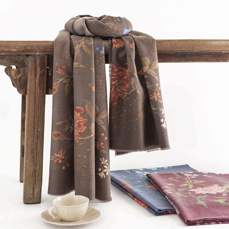 Ethnic style rose flower short tassel printed shawl scarf neck imitation cashmere scarf
