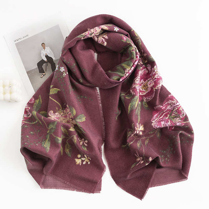 Ethnic style rose flower short tassel printed shawl scarf neck imitation cashmere scarf