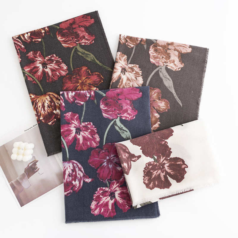 Printed New Style Imitation Cashmere Scarf Fashionable Commuter Plant Flower Warm Neck Protection Scarf Elegant Versatile Shawl