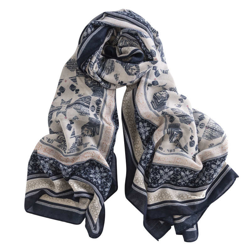 Cotton linen scarf fashionable air conditioned room shawl printed sun protection beach towel retro imitation silk scarf