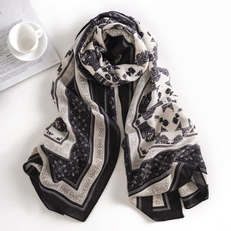 Cotton linen scarf fashionable air conditioned room shawl printed sun protection beach towel retro imitation silk scarf