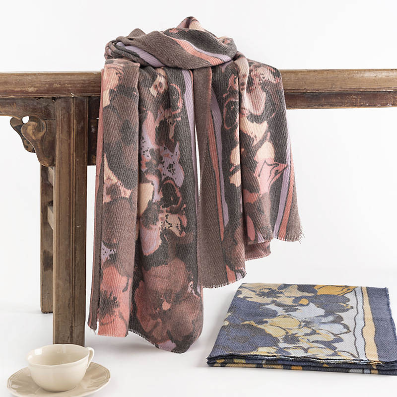 Big flower fresh sweet scarf  herringbone pattern thick soft feel shawl printing spring  autumn style scarf