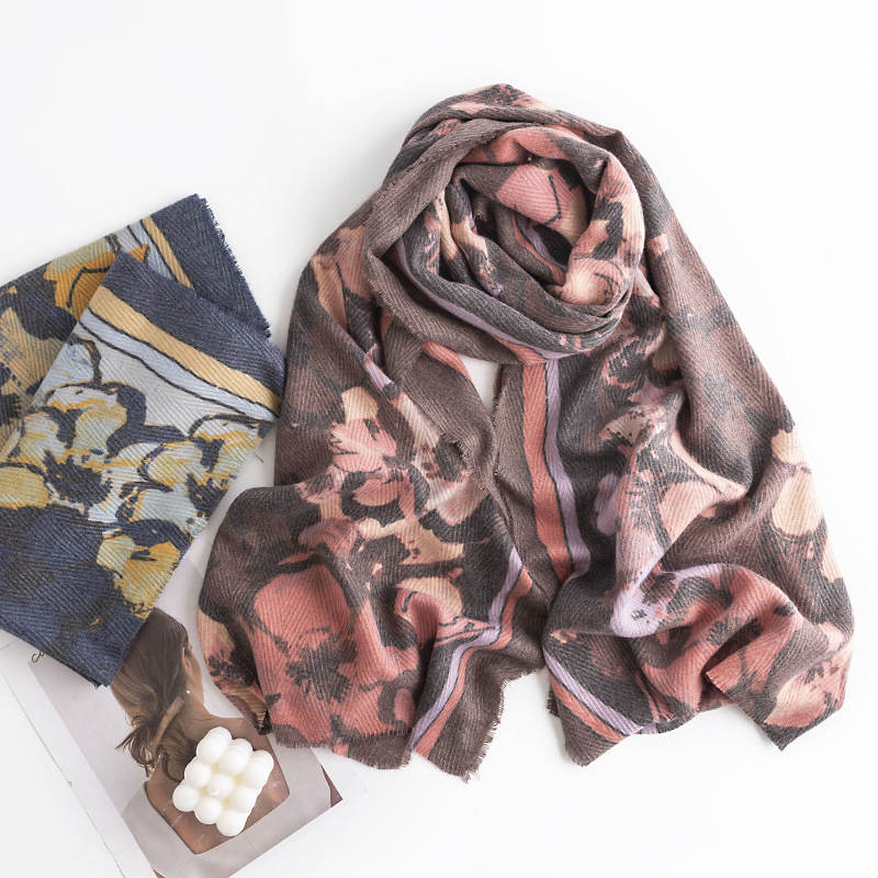 Big flower fresh sweet scarf  herringbone pattern thick soft feel shawl printing spring  autumn style scarf