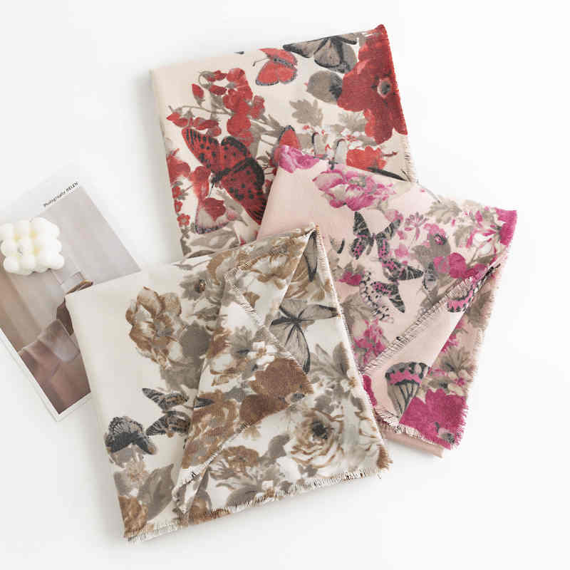 Fashionable commuter allin one twill imitation cashmere flower scarf warm tassel square scarf shawl