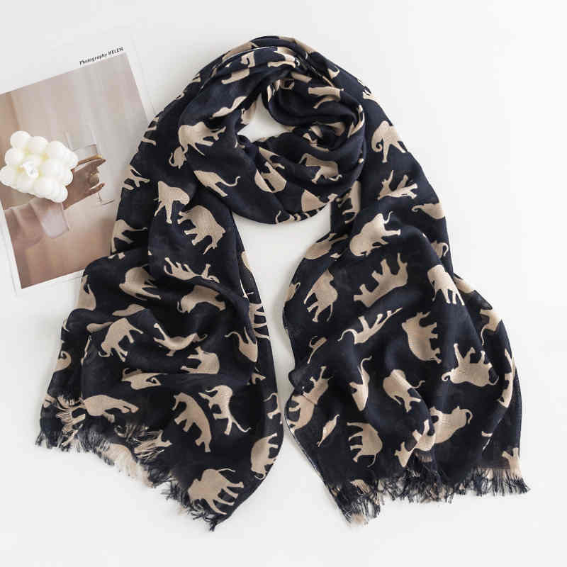 Spring thin auspicious elephant print short beard imitation cashmere scarf fashion commuting soft shawl beach scarf
