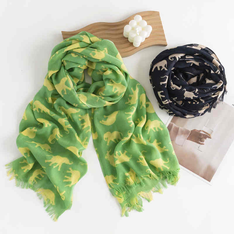Spring thin auspicious elephant print short beard imitation cashmere scarf fashion commuting soft shawl beach scarf