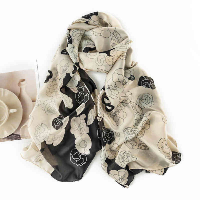 Elegant silk scarves camellia printed female spring simulation silk scarves air conditioning room warm sun protection shawl
