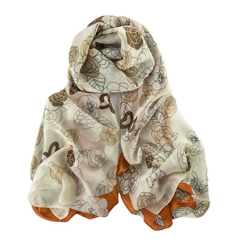 Elegant silk scarves camellia printed female spring simulation silk scarves air conditioning room warm sun protection shawl