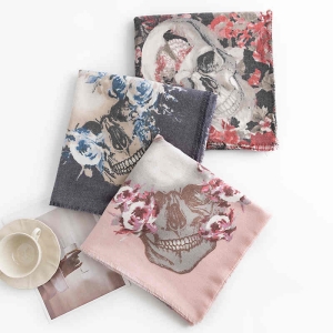 Personalized fashion skull print scarf imitation cashmere twill flower shawl soft thermal bandana