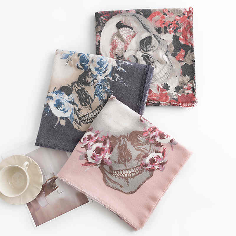 Personalized fashion skull print scarf imitation cashmere twill flower shawl soft thermal bandana