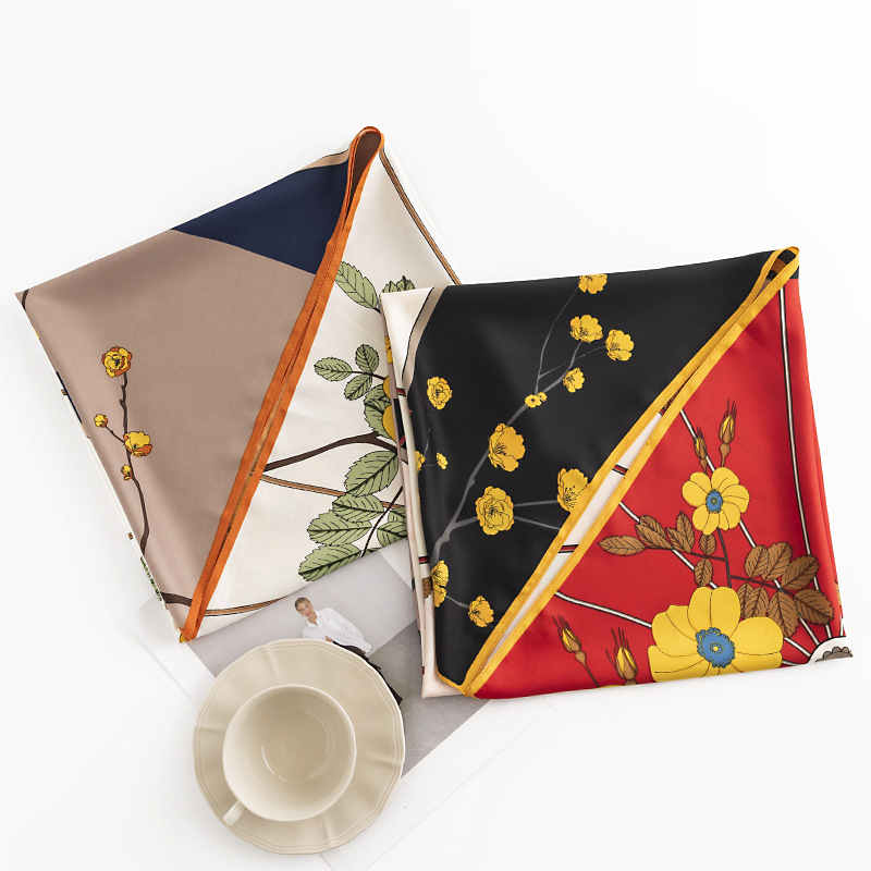 The garden wind plum blossom fragrance small square scarf female fresh imitation silk scarf natural printing professional dress scarf