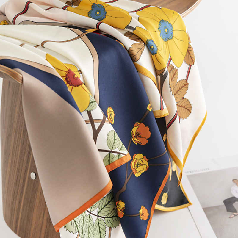 The garden wind plum blossom fragrance small square scarf female fresh imitation silk scarf natural printing professional dress scarf