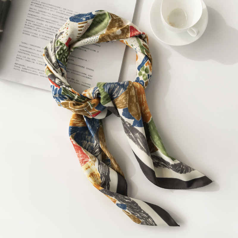 Fashion imitation silk scarf crayon doodle career pocket square scarf fashion commuter crepe satin scarf woman