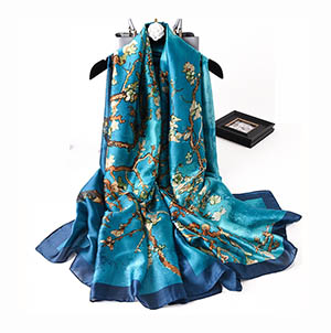Customized imitation silk printed scarf Van Gogh oil painting silk scarf manufacturer