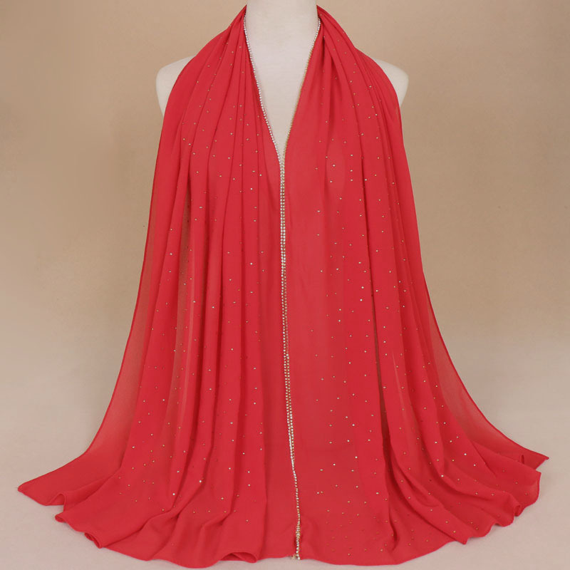 Solid color pearl chiffon scarf chain women hot diamond chiffon headscarf