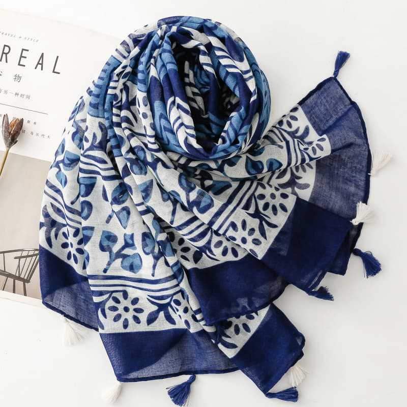 China scarf factory blue and white porcelain cotton scarf