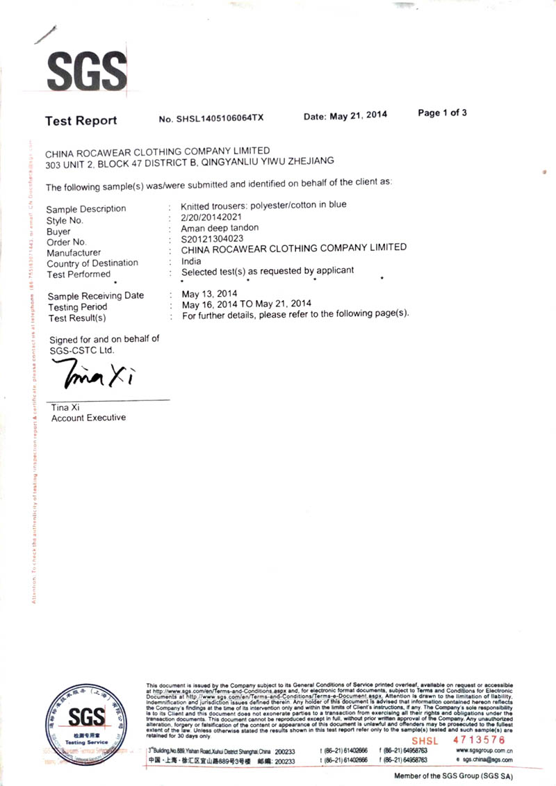 China Rocawear Clothing Company Limited sgs